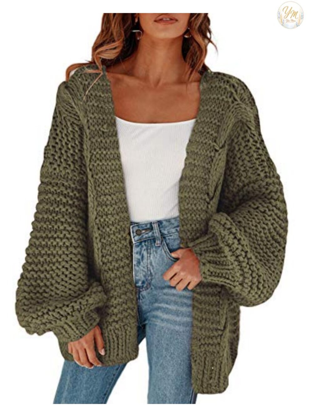 Open Front Chunky Knit Cardigan Loose Lantern Sleeve Oversized Sweater